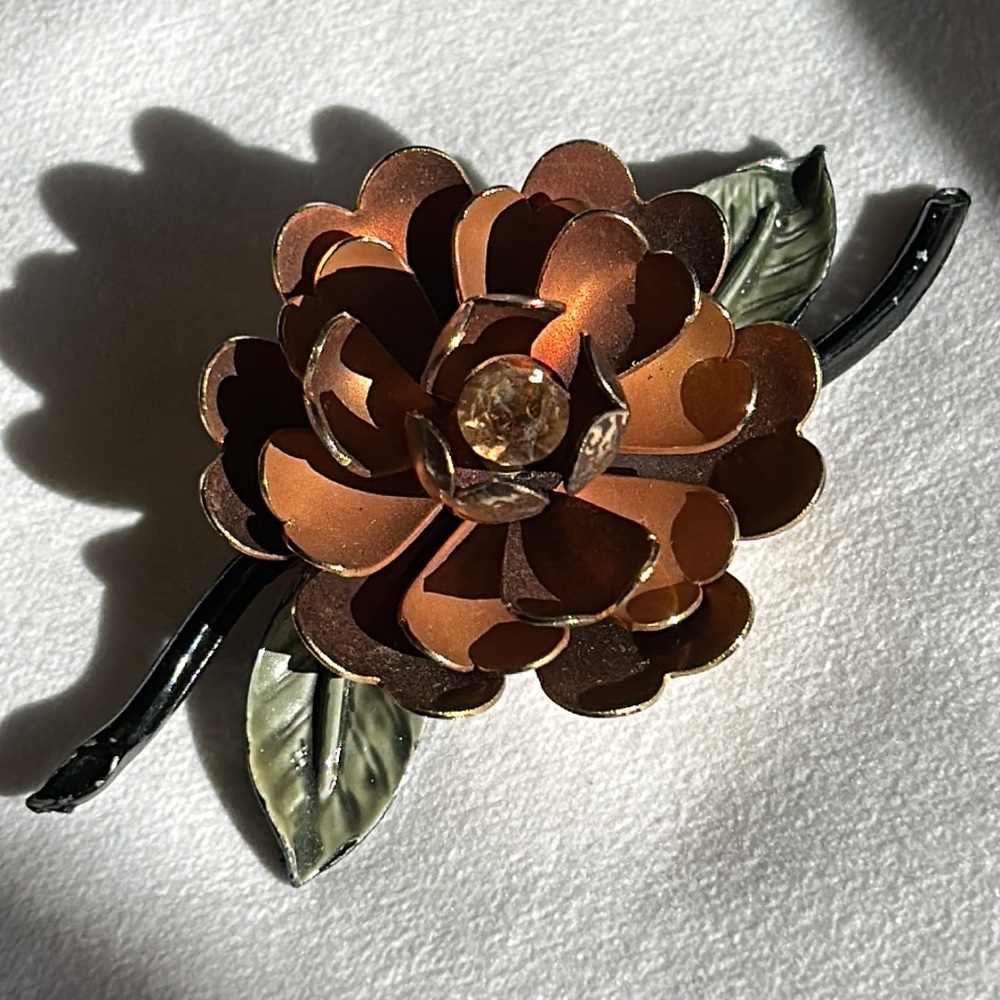 Vintage Coro Metal Enamel Flower Rhinestone Brooch Pin